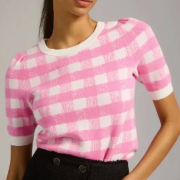EUC Maeve by Anthropologie “Harmon” Pink/White Check Knit Sweater - Picture 1 of 4